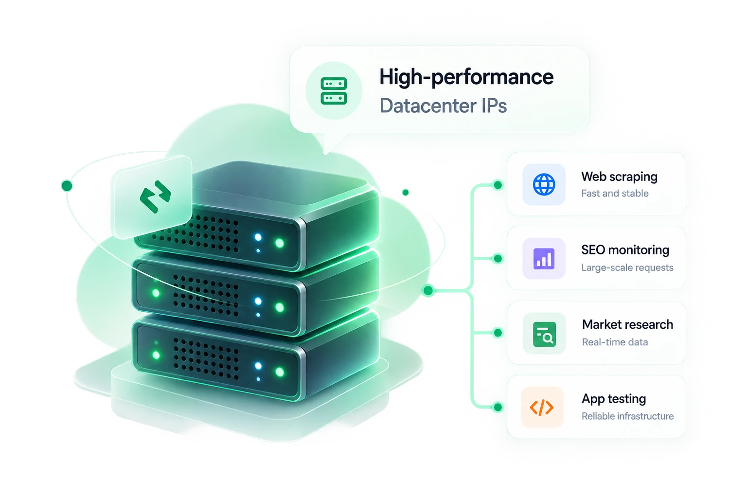 Datacenter proxy illustration showing server infrastructure for research, monitoring, and application testing.